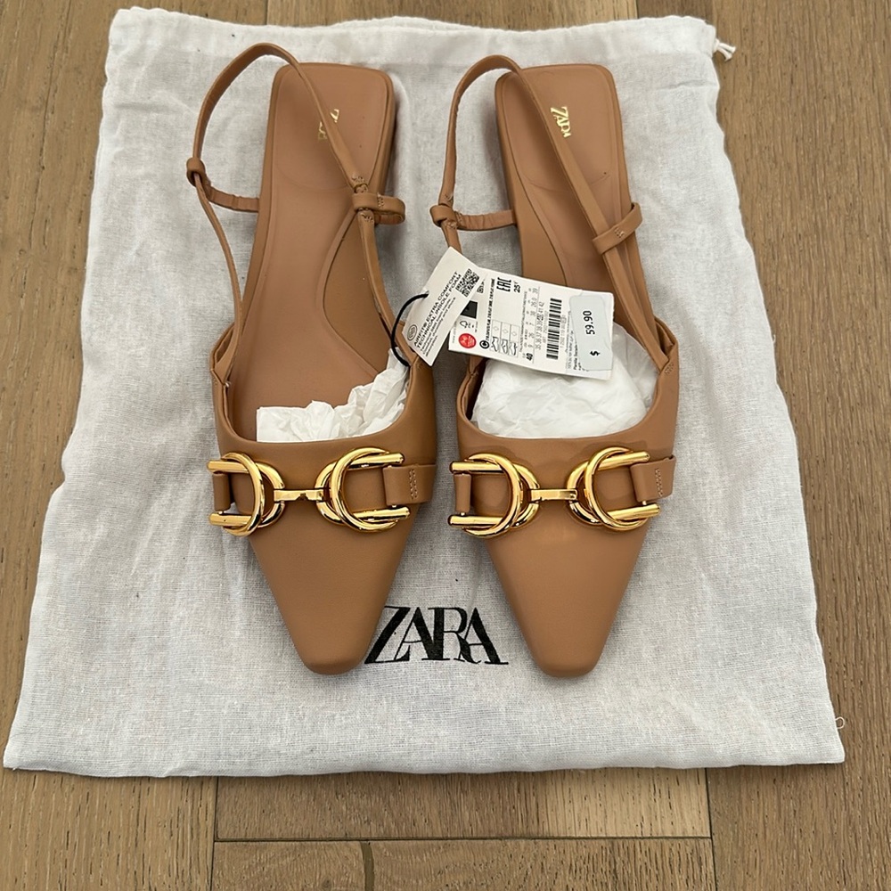 Zara Tan Flats with Gold Buckle
